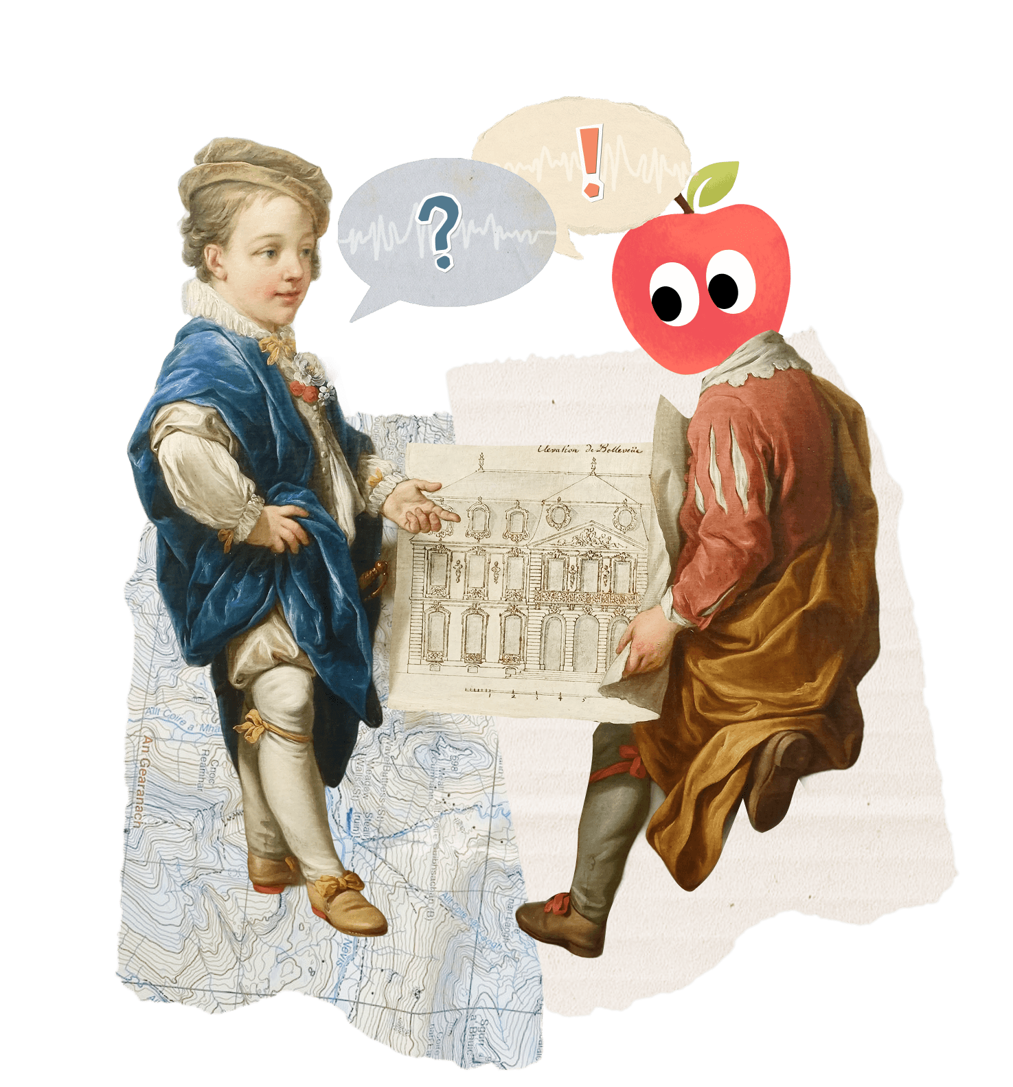 A student and an apple-headed tutor exchanging questions over a drawing