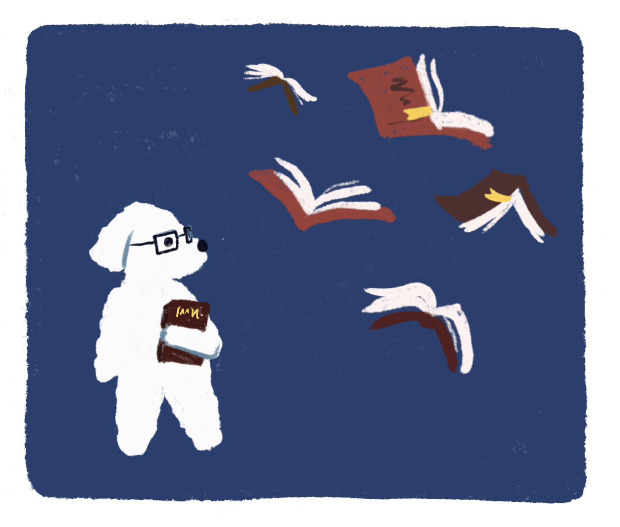 Illustrated dog with glasses holding books